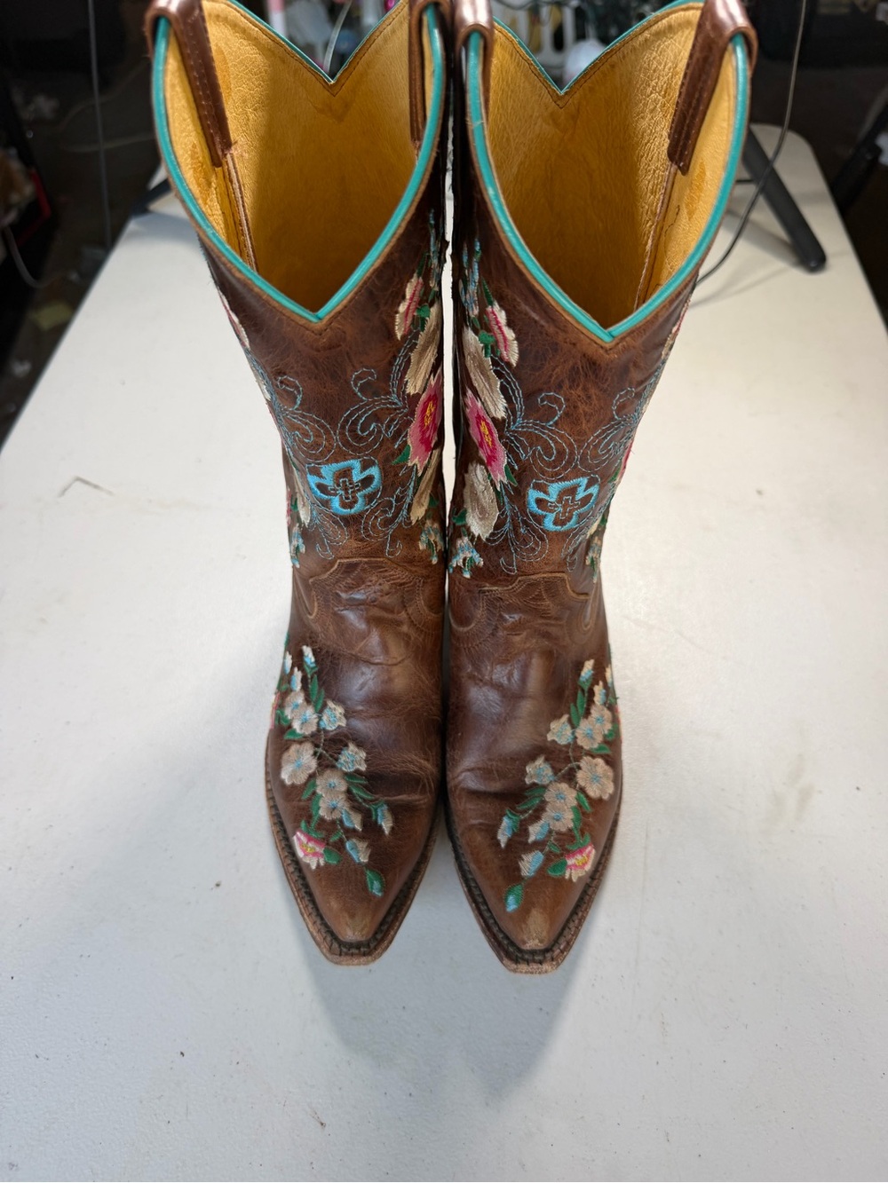 Macie Bean Brown Embroidered Kid’s Cowboy Boots with Turquoise Accents